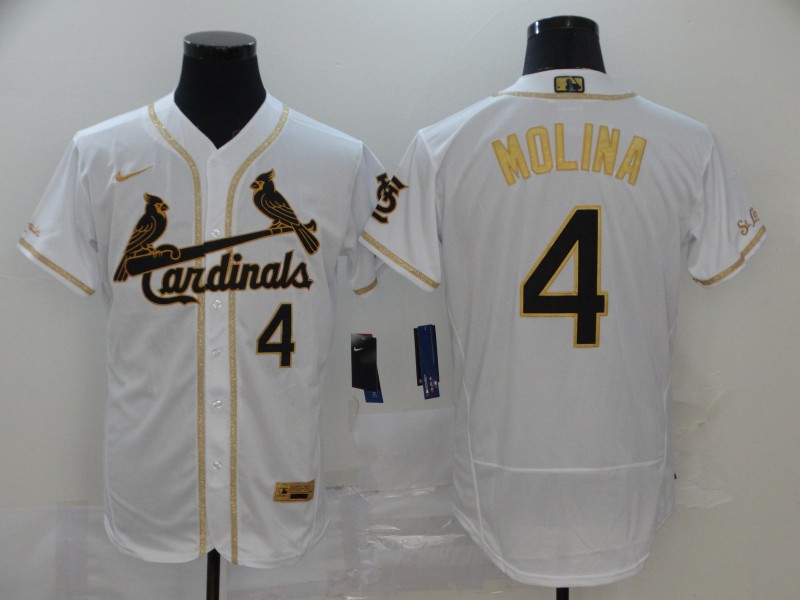Men's St. Louis Cardinals #4 Yadier Molina White Golden Flex Base Stitched MLB Jersey